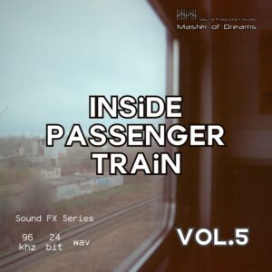 Inside Passenger Train Vol.5 shows a blurry landscape of trees and buildings viewed from inside the train window.