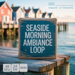 Seaside Morning Ambience Loop square box sits on a wooden pier by the water with colourful background houses.