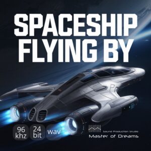 Futuristic spaceship with glowing engines travels through deep space.