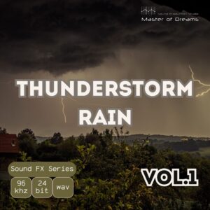 Lightning strikes a stormy landscape above trees and a house, with overlaid text for Thunderstorm Rain Vol.1.
