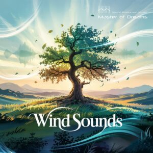 A solitary tree on a grassy hill with swirling wind patterns and a central Wind Sounds audio waveform.