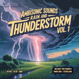 Lightning strikes a stormy landscape for Ambisonic Sounds - Rain and Thunderstorm Vol.1 over a field and stream.