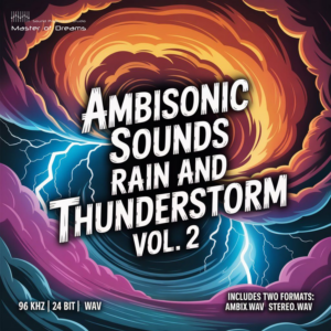 Ambisonic Sounds - Rain and Thunderstorm Vol.2 features bold text against orange and purple storm clouds with lightning.