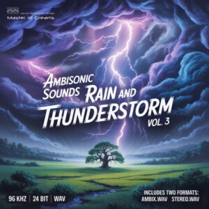 A lightning bolt strikes behind a tree in a dark, stormy landscape, Ambisonic Sounds - Rain and Thunderstorm Vol.3 cover.