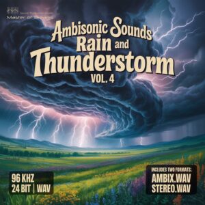 Bright lightning strikes from dark storm clouds over wildflowers for Ambisonic Sounds - Rain and Thunderstorm Vol.4.