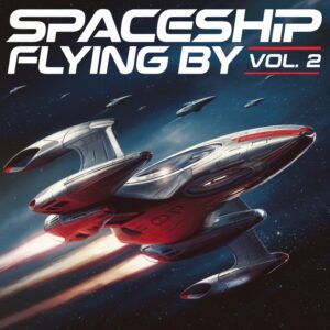 The Spaceship Flying By Vol.2 is a futuristic red-accented spacecraft flying through space near smaller distant ships.