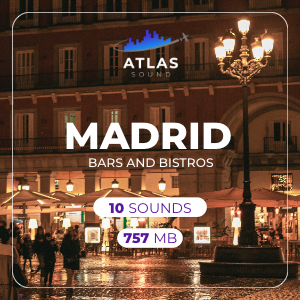 Outdoor seating and a street lamp illuminate a Madrid plaza at night in Madrid - Bars & Bistros.