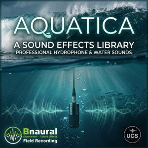 Underwater hydrophone microphone with a waveform graphic positioned beneath a breaking wave, featuring the text “AQUATICA A SOUND EFFECTS LIBRARY PROFESSIONAL HYDROPHONE & WATER SOUNDS.”.