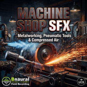 Machine Shop SFX: Metalworking, Pneumatic Tools & Compressed Air. An angle grinder cuts a metal bar, creating sparks in a workshop.