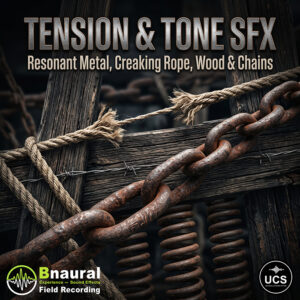 Tension & Tone SFX audio collection graphic featuring rusted metal chains, springs, barbed wire, and frayed rope on a wooden structure.
