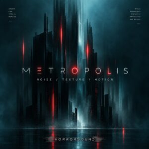 Futuristic cityscape featuring tall, dark buildings illuminated by glowing red lights and enveloped in mist. The text “METROPOLIS: Noise / Texture / Motion” appears, along with additional sound production details. Scene conveys a sci-fi and atmospheric mood.