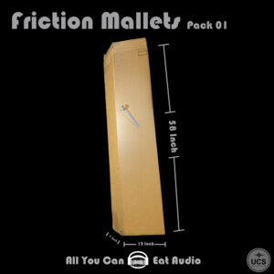Friction Mallets_Pack 01 is a tall rectangular cardboard box with an attached mallet and 58 by 12 inch dimensions.