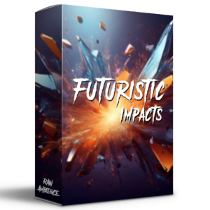 Product box for Futuristic Impacts, featuring an explosion of shattered glass and debris with the title text centered.