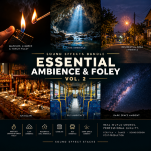 Essential Ambience & Foley - Sound Effects Bundle Vol. 2 shows a match, cave, street, gamelan, bus, and Milky Way.