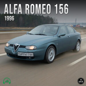 Blue 1996 Alfa Romeo 156 sedan drives on a highway with KRAMPFSTADT STUDIO on the license plate.
