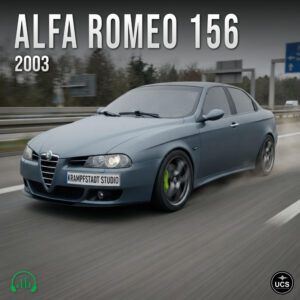 A grey 2003 Alfa Romeo 156 large family car drives on a motorway with motion blur.