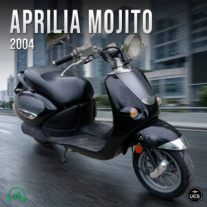 Black Aprilia Mojito 2004 scooter rides on a blurred city street.
