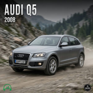 Silver Audi Q5 2008 compact crossover SUV drives along a dusty mountain road.