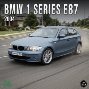 Blue 2004 BMW 1 Series E87 compact hatchback drives along a suburban road.