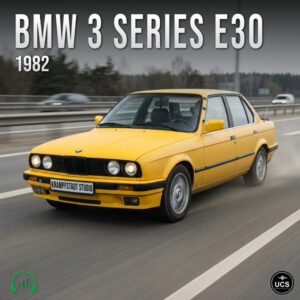 Yellow BMW 3 Series E30 1982 sedan drives on a highway with its model name and year displayed above.