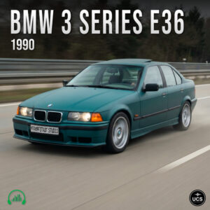 Teal BMW 3 Series E36 1990 sedan drives on a highway with headlights on.