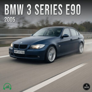 Dark blue BMW 3 Series E90 2005 family car driving on a highway.