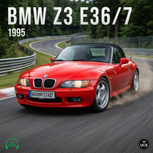 Red BMW Z3 E36/7 1995 sports car driving fast on a curved race track.