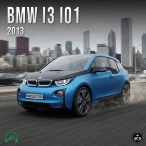 Blue BMW i3 I01 2013 electric subcompact supermini car drives on a city highway with a skyline background.