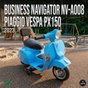 Blue Business Navigator NV-A008 Piaggio Vespa PX150 2023 electric ride-on toy scooter with training wheels parked on a playground.