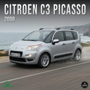 Silver 2008 Citroen C3 Picasso mini MPV drives along a coastal road.