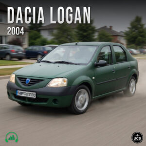 Matte green 2004 Dacia Logan compact car driving on a suburban road.