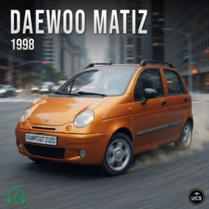 1998 Daewoo Matiz city car in orange driving on a blurred urban street.