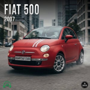 Red 2007 Fiat 500 city car with dual white hood stripes driving on a city street.