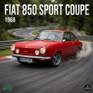 Red 1968 Fiat 850 Sport Coupe drifts on a curved asphalt racetrack surrounded by trees.