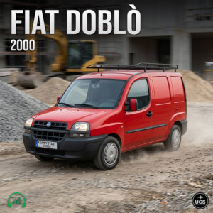 Red Fiat Doblo 2000 panel van drives on a dirt construction site with a yellow excavator in the background.