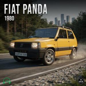 A yellow 1980 Fiat Panda hatchback drives along a curved road with trees and city skyscrapers in background.
