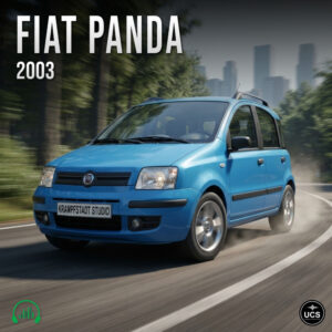 Blue 2003 Fiat Panda five-door city car drives along a curved road toward a city skyline.