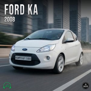 A white 2008 Ford Ka city car drives along a road past city skyscrapers.