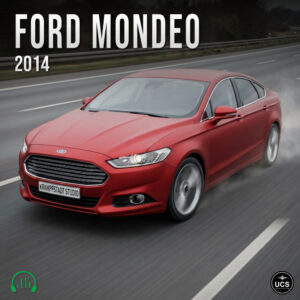 Red 2014 Ford Mondeo large family car drives on a multi-lane motorway.