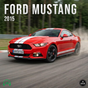 2015 red Ford Mustang muscle car with white racing stripes driving fast on a curving track.