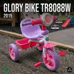 Glory Bike TR8088W 2015 tricycle in pink and purple with a front headlamp and rear basket on gravel.