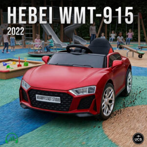 A red Hebei WMT-915 2022 electric ride-on toy car sits on a colorful playground surface with children nearby.