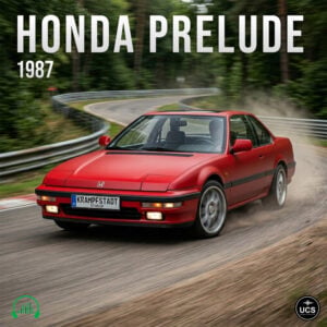 1987 Honda Prelude red two-door sport compact car driving along a curving forest road.