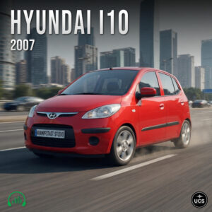 Red 2007 Hyundai i10 hatchback driving on a city motorway with skyscrapers in the background.