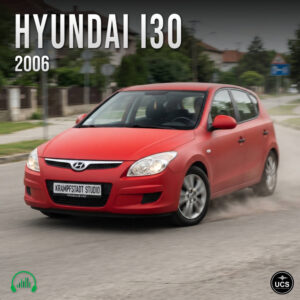 Red 2006 Hyundai i30 compact hatchback driving on a tarmac road.