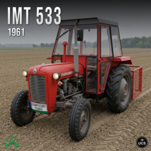 Red 1961 IMT 533 tractor with a cab and rear metal crate parked in a ploughed field.