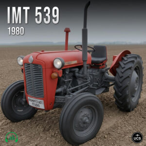 A red 1980 IMT 539 tractor sits in a brown field.
