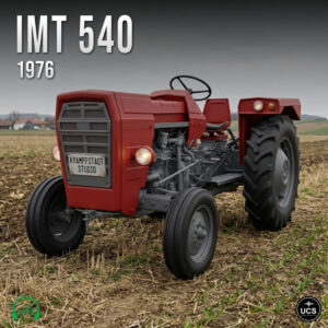 Red 1976 IMT 540 tractor in a field with a KRAMPFSTADT STUDIO number plate on the front.