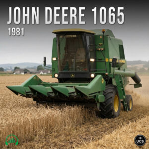 Green 1981 John Deere 1065 combine harvester moves through a wheat field during harvest.