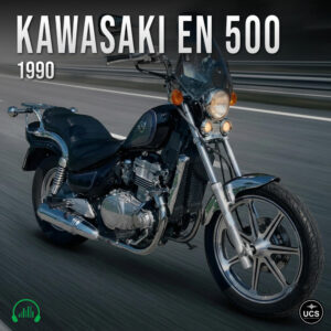 Black 1990 Kawasaki EN 500 cruiser motorcycle moves fast on an asphalt road with a motion blur background.